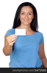Adorable woman with a business card isolated on a over white background