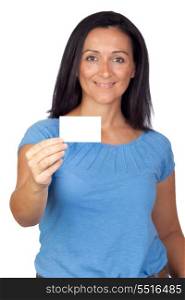 Adorable woman with a business card isolated on a over white background (with focus on the card)