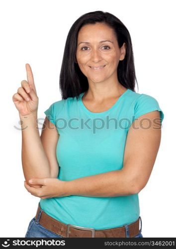 Adorable woman with blue t-shirt asking to speak isolated on a over white background
