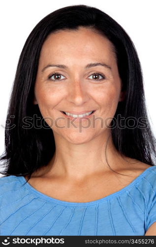 Adorable woman with blue t-shirt isolated on a over white background