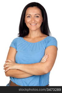 Adorable woman with blue t-shirt isolated on a over white background