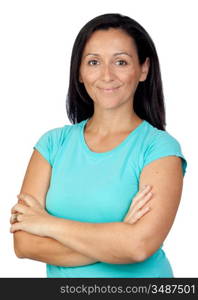 Adorable woman with blue t-shirt isolated on a over white background