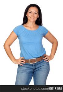 Adorable woman with blue t-shirt isolated on a over white background