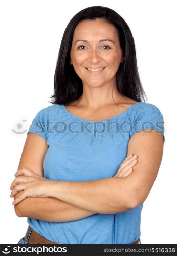 Adorable woman with blue t-shirt isolated on a over white background