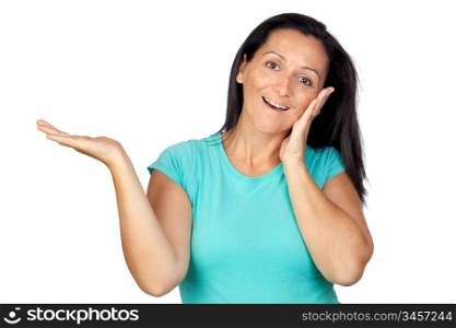 Adorable woman with blue t-shirt saying &acute;sorry&acute; isolated on a over white background