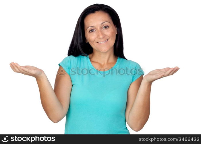 Adorable woman with blue t-shirt saying &acute;sorry&acute; isolated on a over white background