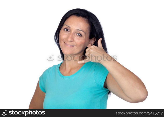 "Adorable woman with blue t-shirt saying "Call me" something isolated on a over white background"