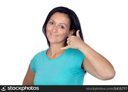 "Adorable woman with blue t-shirt saying "Call me" something isolated on a over white background"