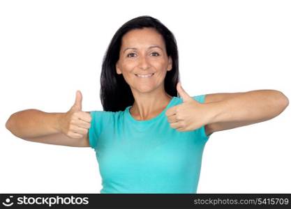 Adorable woman with blue t-shirt saying Ok isolated on a over white background