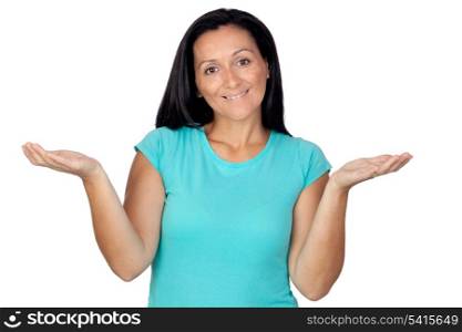 "Adorable woman with blue t-shirt saying "sorry" isolated on a over white background"