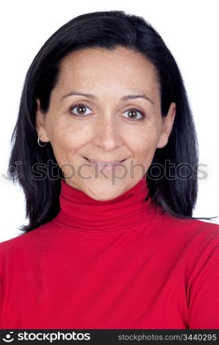 Adorable woman with red t-shirt isolated on a over white background