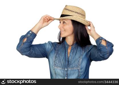 Adorable woman with straw hat isolated on a over white background