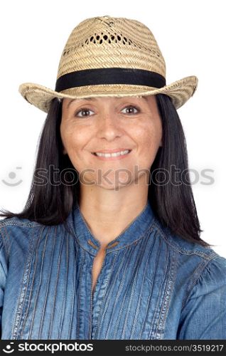 Adorable woman with straw hat isolated on a over white background