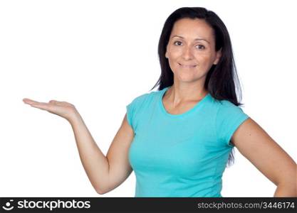Adorable woman withaextendedapalm isolated on a over white background