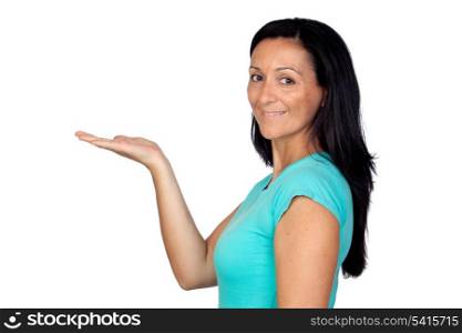 Adorable woman withextendedpalm isolated on a over white background