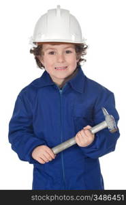 Adorable worker child with a hammer and helmet on a over white background