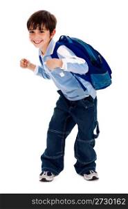 Adorable young kid ready for school with his bag on isolated white background
