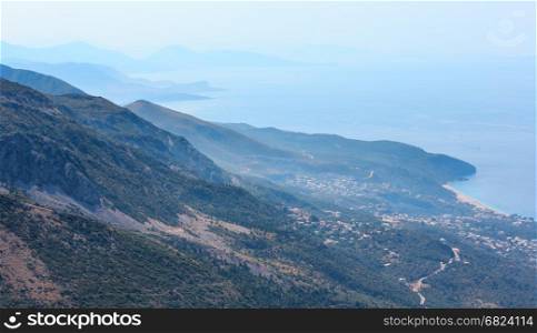 Adriatic sea summer coast (Vlore country, Albania). View from mountain pass.