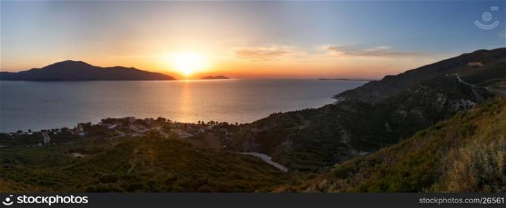 Adriatic sea sunset coast top panorama view (coastline between Orikum and Vlore, Albania).