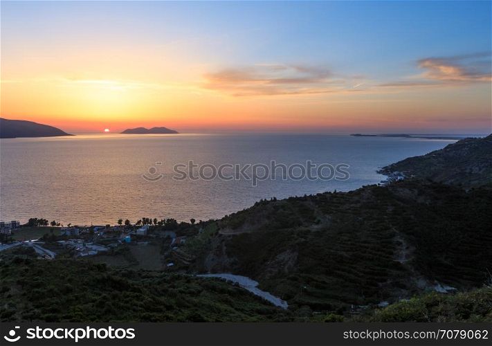 Adriatic sea sunset coast top view (Radhima, Albania).