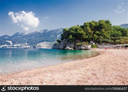 Adriatic seashore with rocks and pebble, St. Stefan, Montenegro