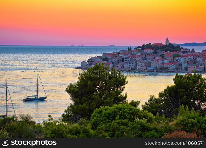 Adriatic tourist destination of Primosten archipelago sunset view, Dalmatia, Croatia