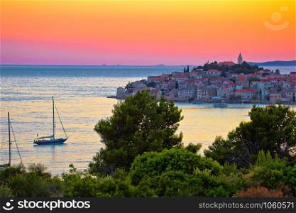 Adriatic tourist destination of Primosten archipelago sunset view, Dalmatia, Croatia