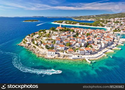 Adriatic tourist town of Primosten aerial panoramic archipelago view, Adriatic sea, Dalmatia region of Croatia
