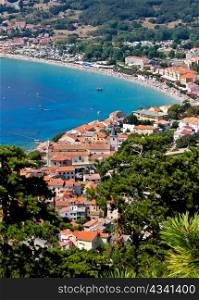 Adriatic town of Baska vertical aerial view, Krk island, Croatia