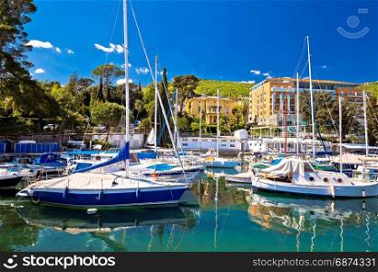 Adriatic town of Opatija turquoise harbor and waterfront view, Kvarner bay, Croatia