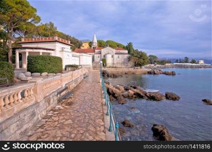 Adriatic town of Opatija watefront walkway and church view, Kvarner bay, Croatia