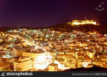 Adriatic town of Sibenik night aerial view, Dalmatia, Croatia