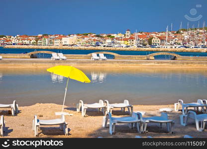 Adriatic town of Vodice beach and marina view, Dalmatia region of Croatia