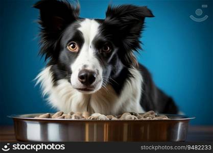 Adult border collie sitting over a food bowl, generative ai