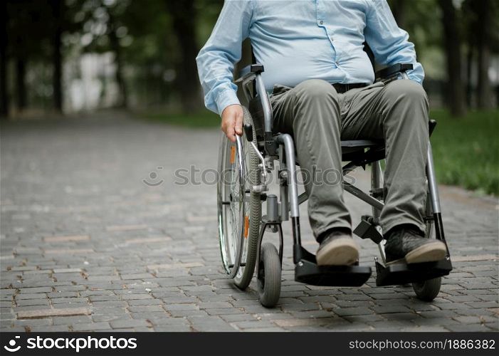 Adult disabled man in wheelchair resting in summer park. Paralyzed people and disability, handicap overcoming. Handicapped male person leisures in public place. Adult disabled man in wheelchair resting in park