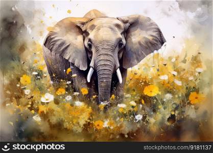 Adult elephant walking on a field of flowers. Generative AI