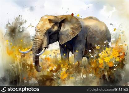 Adult elephant walking on a field of flowers. Generative AI