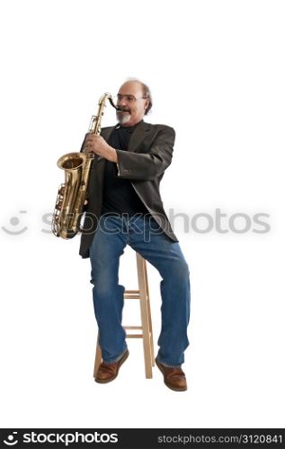 Adult male playing a tenor sax isolated on a white background.