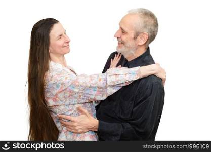 Adult man and woman with long hair looking at each other with love, eyes in eyes, for S. Valentine's day or anniversary. Isolated on white background.