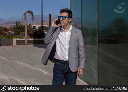 Adult man in smart casual clothes and sunglasses looking away and having smartphone conversation near glass wall on city street. Serious businessman speaking on smartphone in city