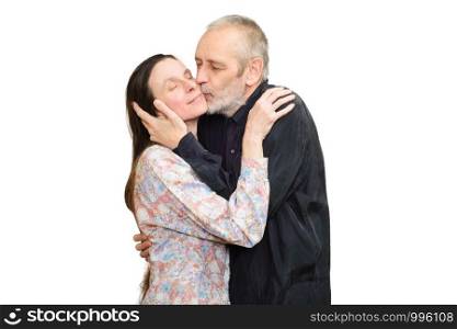 Adult man kissing his wife with love for S. Valentine's day or anniversary. Isolated on white background.