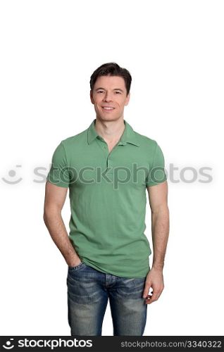 Adult man with green shirt standing on white background