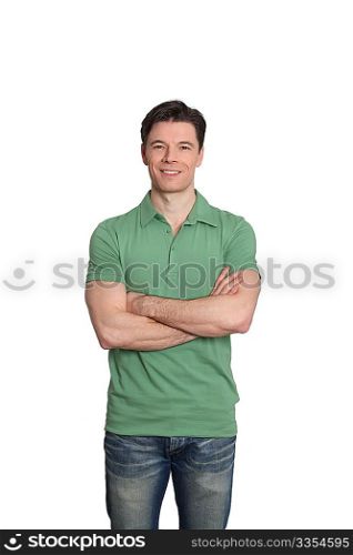Adult man with green shirt standing on white background