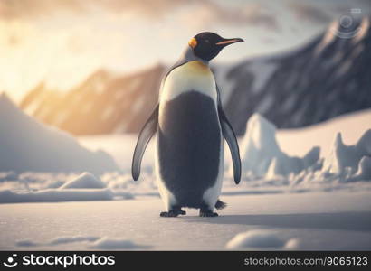 Adult penguin. Standing on snow. With beautiful snowy landscape behind. Generative AI.. Adult penguin. Standing on snow. With beautiful snowy landscape behind. Generative AI