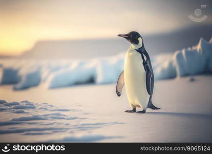 Adult penguin. Standing on snow. With beautiful snowy landscape behind. Generative AI.. Adult penguin. Standing on snow. With beautiful snowy landscape behind. Generative AI