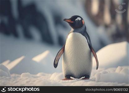 Adult penguin. Standing on snow. With beautiful snowy landscape behind. Generative AI.. Adult penguin. Standing on snow. With beautiful snowy landscape behind. Generative AI