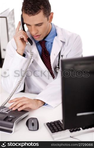 adult physician sitting at his desk talking over phone in white background
