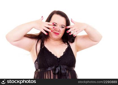 Adult plus size woman wearing lace sexy lingerie showing red nails.. Adult plus size woman showing red nails.