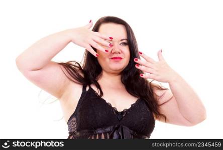 Adult plus size woman wearing lace sexy lingerie showing red nails.. Adult plus size woman showing red nails.
