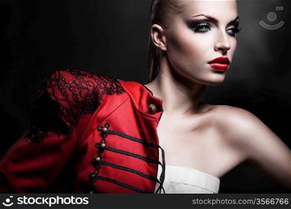 adult sexy blonde woman in red jacket with red lips